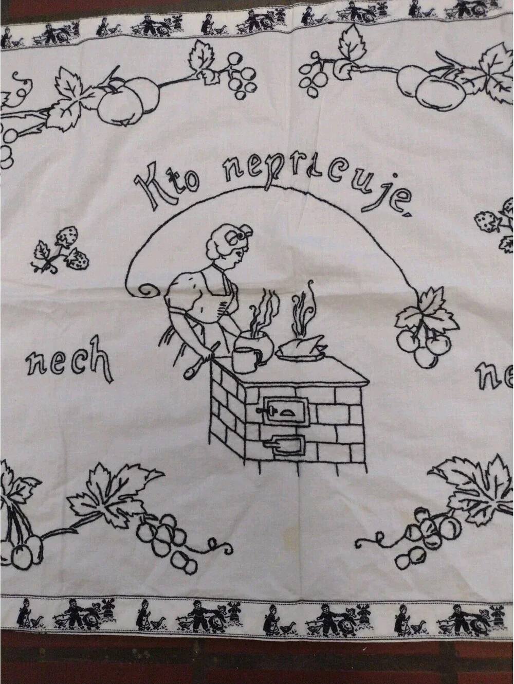 Vintage Slovak Embroidered Kitchen Wall Cloth Folk Art Proverb Textile